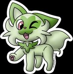 4_legs ambiguous_gender feral fur green_body green_ears green_fur green_hair hair looking_at_viewer one_eye_closed open_mouth open_smile pawpads paws pink_pawpads quadruped raised_paw red_eyes red_nose smile solo teeth teeth_showing tongue wink winking_at_viewer angelthegamer nintendo pokemon generation_9_pokemon pokemon_(species) sprigatito 2022 alpha_channel hi_res shaded