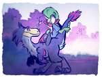 anthro duo feathers female feral riding juneduck21 anatid anseriform avian bird dinosaur duck prehistoric_species reptile scalie