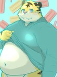 anthro belly big_belly blush clothed clothing clothing_lift cute_fangs humanoid_hands kemono male navel overweight overweight_male shirt shirt_lift solo topwear menmen_kesinn felid mammal pantherine tiger 2023 3:4