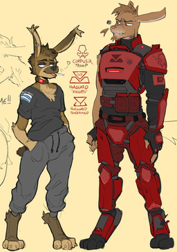 4_toes anthro armor barefoot bottomwear boxers_(clothing) brown_body brown_fur chest_tuft chin_tuft cigarette cigarette_in_mouth claws clothing collar dialogue duo ear_piercing ear_tuft eye_contact facial_hair facial_tuft feet fur goatee green_eyes hair hands_in_both_pockets heart_symbol looking_at_another male military object_in_mouth orange_eyes pants piercing shirt short_hair smile smirk soldier speech_bubble standing sweatpants t-shirt tail tan_body tan_fur text text_on_clothing text_on_shirt text_on_topwear toe_claws toes tongue tongue_out topwear tuft underwear uniform warrior whiskers lowkey_nottoast alien lagomorph mammal warsphinx 2025 english_text hi_res