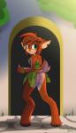 anthro big_butt butt clothed clothing female fur green_eyes looking_at_viewer looking_back orange_body orange_fur presenting presenting_hindquarters rear_view solo standing ikaribunbun activision spyro_reignited_trilogy spyro_the_dragon elora deer faun_(spyro) mammal 2018 digital_media_(artwork) hi_res