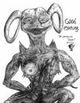 anthro anus balls breasts erection genitals grotesque herm intersex nightmare_fuel nipples nude open_mouth penis pussy smile solo text what phantom_janitor shyye english_text hi_res monochrome traditional_media_(artwork)