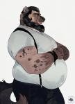 anthro beard belly black_hair blue_eyes bottomwear bracelet clothed clothing facial_hair hair jewelry male open_mouth overweight overweight_anthro overweight_male pants shirt simple_background smile solo suspenders topwear white_background vetrowolf hyena mammal spotted_hyena 2018 absurd_res hi_res