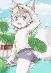 4_fingers anthro bandage boxer_briefs butt clothing cloud cute_fangs fangs fingers fur furgonomics green_eyes grey_hair hair kemono looking_back male open_mouth outside plant solo standing teeth tree underwear water white_body white_fur young young_anthro young_male nekowuwu canid canine mammal hi_res portrait three-quarter_portrait