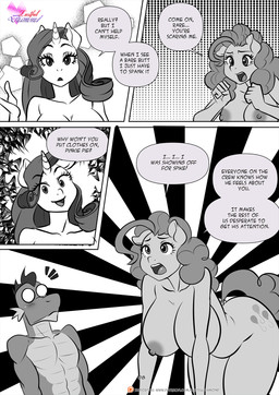anthro areola bent_over big_breasts biped breasts dialogue eyelashes female group horn nipples nude pupils smile speech_bubble text thick_thighs trio pia-sama friendship_is_magic hasbro my_little_pony mythology pinkie_pie_(mlp) rarity_(mlp) spike_(mlp) dragon equid equine mammal mythological_creature mythological_equine mythological_scalie scalie unicorn comic english_text hi_res restricted_palette