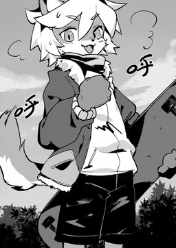 adolescent anthro bottomwear breath clothing cute_fangs fangs fur jacket kemono looking_at_viewer male outside pupils shorts skateboard slit_pupils solo teeth topwear vehicle young young_anthro young_male dr.kiyo canid canine fox mammal 2019 black_and_white hi_res monochrome