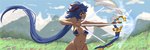 amos'_bow blue_bra blue_clothing blue_hair blue_underwear bow_(weapon) bra breasts clothing eyelashes female hair holding_bow_(weapon) holding_object holding_ranged_weapon holding_weapon horn long_hair navel purple_eyes ranged_weapon red_horn side_view solo tan_body tan_skin underwear weapon wide_hips maulegend genshin_impact mihoyo ganyu_(genshin_impact) adeptus_(genshin_impact) horned_humanoid humanoid absurd_res hi_res