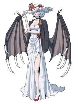 black_clothing black_collar black_jacket black_topwear blood blood_on_face blue_hair bodily_fluids breasts claws cleavage clothed clothed_female clothed_humanoid clothing collar collarbone colored_nails dress female fingernails flower footwear hair hat hat_ribbon headgear headwear high_heels jacket long_fingernails membrane_(anatomy) membranous_wings nails one_eye_obstructed plant pupils red_clothing red_eyes red_fingernails red_flower red_footwear red_high_heels red_nails red_ribbon ribbons rose_(flower) shoes short_hair side_slit simple_background slit_pupils solo standing topwear white_background white_clothing white_dress white_hat white_headwear wing_claws wings yopofen touhou remilia_scarlet humanoid vampire winged_humanoid 2025 3:4 absurd_res full-length_portrait hi_res portrait