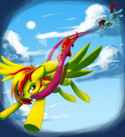 blonde_hair clenched_teeth cloud cutie_mark detailed_background duo eyes_closed feathered_wings feathers female feral flying grey_body hair lens_flare multicolored_hair open_mouth orange_hair outside quadruped red_eyes red_hair ribbons sky skyscape smile sun tail teeth wings yellow_body squigybutt hasbro my_little_pony mythology fan_character heartstrike valkyrie_(pony) equid equine mammal mythological_creature mythological_equine pegasus 2013 alpha_channel hi_res
