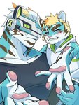 anthro blonde_hair blue_body blue_fur blush duo eyebrows fur green_eyes grin hair male muscular muscular_anthro muscular_male pawpads pecs smile striped_body striped_fur stripes thick_eyebrows young young_anthro young_male aoi_tachi0 lifewonders live_a_hero rexer felid mammal pantherine tiger 3:4 hi_res father_(lore) father_and_child_(lore) father_and_son_(lore) parent_(lore) parent_and_child_(lore) parent_and_son_(lore) son_(lore)