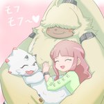 anthro blush female fur group hair hair_over_eyes horn hug long_ears male ponytail_ears size_difference trio white_body yellow_body yellow_fur sansyonoki64 bandai_namco digimon digimon_ghost_game angoramon_(ghost_game) gammamon_(ghost_game) ruri_tsukiyono angoramon digimon_(species) gammamon human lagomorph leporid mammal rabbit 1:1