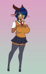 anthro big_breasts blue_eyes bottomwear breasts brown_body brown_fur clothing eyebrows eyelashes female fur green_eyes hand_on_chest horn huge_breasts legwear neck_ring necktie school_uniform skirt smile solo thigh_highs uniform wristband scorpdk bovid caprine goat mammal 2025 absurd_res hi_res