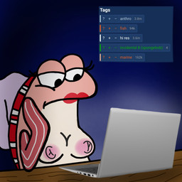 anthro black_eyes bored breasts chair computer electronics eyelashes female furniture laptop lipstick looking_at_computer looking_at_laptop looking_at_object makeup nipples non-mammal_breasts non-mammal_nipples nude nude_anthro nude_female red_lipstick scales sitting solo text e621 nickelodeon spongebob_squarepants incidental_8_(spongebob) aquatic fish 1:1 english_text hi_res