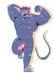 anthro balls belly blue_balls blue_body blue_penis blush eyebrows genitals glans hair humanoid_genitalia humanoid_penis male musclegut muscular nude one_eye_closed penis pink_glans purple_hair simple_background solo tail teeth white_background digitslayer absurd_res hi_res