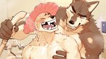 2024 anthro bathing big_muscles biped blush bodily_fluids brown_body brown_fur canid canine canis duo fur hi_res male mammal muscular muscular_anthro muscular_male nomifuki showering showering_together sweat sweatdrop white_body white_fur wolf