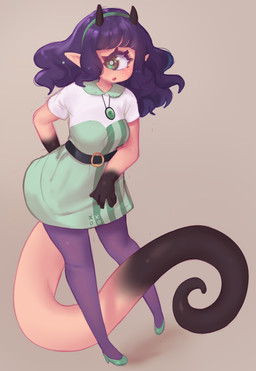 1_eye belt blush breasts clothing female green_clothing hair horn humanoid_pointy_ears jewelry looking_aside not_furry open_mouth pendant pointy_ears purple_hair simple_background solo standing tail eerieviolet mirell_(eerieviolet) cyclops humanoid 2023 digital_media_(artwork) hi_res