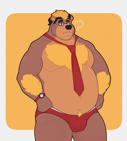 accessory anthro arm_hair black_eyebrows black_hair black_nose blonde_hair body_hair bulge chest_hair clothing eyebrows eyewear glasses green_eyes hair looking_at_viewer male navel necktie overweight overweight_anthro overweight_male red_clothing red_necktie red_underwear short_hair simple_background small_ears solo thick_eyebrows underwear wearing_glasses andeandog extracurricular_activities harold_grifter bear mammal 2026 absurd_res colored digital_drawing_(artwork) digital_media_(artwork) flat_colors hi_res