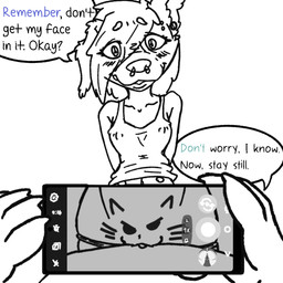 >:3 anthro blush blush_lines cellphone clitoris deep_navel duo ear_piercing electronics eyebrow_piercing facial_piercing female gauged_ear genitals navel nipple_outline nipple_piercing nipples nose_piercing nose_ring phone piercing ring_piercing shy shy_smile smartphone speech_bubble taking_picture text vulva toof_snoot pussy-cat_(meme) kodi_(toof_snoot) mary_(toof_snoot) bird_dog canid canine canis domestic_dog hunting_dog irish_setter mammal mixed_breed saluki setter sighthound 1:1 english_text monochrome