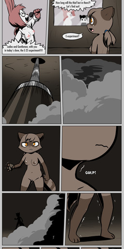 anthro border breasts clothed clothing dialogue duo electronics eyewear facial_scar female genitals glasses grey_border group happy inner_boob innie_vulva machine mad_scientist male microphone natural_breasts navel nipples nude oh_no onomatopoeia open_clothing open_topwear peril rock scar scared shaking solo sound_effects steam text topwear trembling trio vulva e254e dr._emilia_(e254e) emil_(e254e) canid canine fox lagomorph leporid mammal procyonid rabbit raccoon absurd_res hi_res