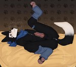 after_anal after_sex afterglow animal_genitalia animal_penis anthro anus balls band-aid band-aid_on_leg bandage bedding black_body black_fur blush bodily_fluids breath butt canine_genitalia canine_penis clothing cum cum_in_ass cum_inside cum_on_chest cum_on_clothing cum_on_neck dipstick_tail footprint footwear fur genital_fluids genitals heart_symbol kerchief knot legs_up lidded_eyes male markings mole_(marking) neckerchief neckwear panting pawpads pawprint penis pie_cut_eyes precum precum_bead presenting presenting_anus presenting_hindquarters presenting_penis raised_leg sheath solo sweat tail tail_markings tail_motion tailwag tears tears_of_pleasure tremble_spikes white_body white_fur cerberussenn lucky_sweeto_(cerberussenn) canid canine canis mammal wolf absurd_res hi_res