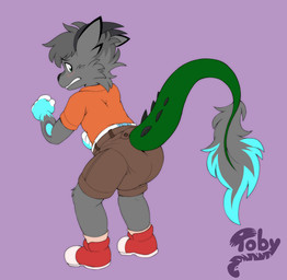 4_fingers ambiguous_gender anthro big_diaper black_nose black_spikes blue_body blue_fur blush blush_lines bottomwear brown_bottomwear brown_clothing brown_shorts button_(fastener) clean_diaper clenched_teeth clothed clothing diaper diaper_peekage diaper_under_clothing fingerless_(marking) fingerless_gloves_(marking) fingers fist footwear fur furgonomic_pants gloves_(marking) green_tail grey_body grey_fur grey_horn head_horn horn logo looking_back markings multicolored_body multicolored_fur open_mouth orange_clothing orange_shirt orange_topwear pink_clothing pink_footwear pink_socks purple_background rear_view red_clothing red_footwear red_shoes shirt shoes shorts simple_background socks solo spiked_tail spikes spikes_(anatomy) standing tail tail_tuft teeth topwear tuft wearing_diaper white_body white_fur toby_tiger mythology raizu_(paddedraizu) dragon furred_dragon furred_scalie mythological_creature mythological_scalie scalie artist_logo full-length_portrait hi_res portrait