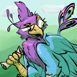 avian_feet beak blue_body feathered_crest feathered_wings feathers feral green_eyes head_crest male pink_body quadruped scroll tail tail_tuft tuft wings gyrotech werefoxie mythology gyro_feather avian bird galliform gryphon mythological_avian mythological_creature peafowl phasianid 1:1 absurd_res hi_res