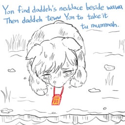 ambiguous_feral ambiguous_gender baby_talk bodily_fluids crying dialogue dirty feral front_view fur grass hair high-angle_view hooves jewelry mouth_hold necklace outside plant rock solo standing tail tears text water wet wet_body wet_fur young young_ambiguous young_feral yellowcottoncandy030 fluffy_pony fluffy_pony_(species) mammal 1:1 2025 comic digital_media_(artwork) english_text hi_res partially_colored