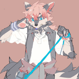anthro biped blue_eyes front_view fur grey_body grey_fur hair leash leash_pull leashed_viewer looking_at_viewer male male_anthro pink_hair slim_anthro slim_male solo white_body white_fur viosgit canid canine canis mammal wolf 1:1 2022 cover digital_drawing_(artwork) digital_media_(artwork) hi_res magazine_cover