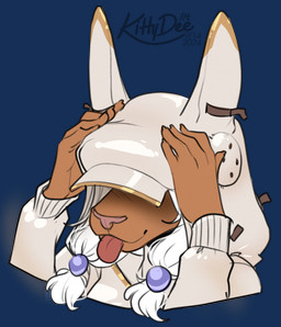 5_fingers accessory anthro brown_body clothed clothing female fingers hair hair_accessory hat headgear headwear jackal_ears shirt simple_background smile solo topwear white_hair kittydee jesenna_(maaarked_one) anubian_jackal canid canine canis jackal mammal digital_media_(artwork) hi_res