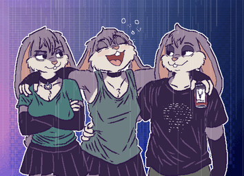 abstract_background anthro bottomwear can choker clothed clothing container drinking female group holding_can holding_container holding_object hug jewelry male male/female necklace night open_mouth outline shirt simple_background skirt smile standing sweater t-shirt topwear trio ircluzar violet_bunny lagomorph leporid mammal rabbit colored digital_media_(artwork) hi_res pixel_(artwork) shaded