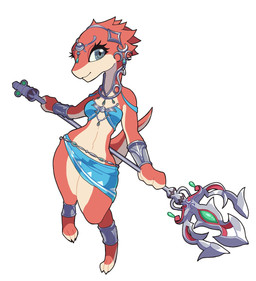 3_toes alternate_costume anklet anthro armor biped blue_bottomwear blue_clothing blue_topwear bottomwear bracers breasts closed_smile clothed clothed_anthro clothed_female clothing cosplay crossover_cosplay eyelashes feet female female_anthro glistening glistening_eyes grey_eyes holding_melee_weapon holding_object holding_polearm holding_spear holding_trident holding_weapon jewelry melee_weapon mouth_closed multicolored_body multicolored_skin navel non-mammal_breasts non-mammal_navel polearm pupils red_body red_skin simple_background small_breasts small_waist smile solo spear standing tail tan_body tan_skin thick_thighs toes topwear trident two_tone_body two_tone_skin waist weapon white_background white_sclera wide_hips rii breath_of_the_wild ever_oasis nintendo the_legend_of_zelda mipha miura drauk scalie 2026 crossover digital_drawing_(artwork) digital_media_(artwork) full-length_portrait hi_res portrait shaded