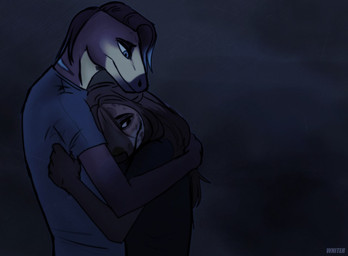 anthro black_clothing black_hair black_shirt black_t-shirt black_topwear blue_clothing blue_eyes blue_hair blue_shirt blue_t-shirt blue_topwear brown_body brown_hair clothed clothing duo female hair hug male mouth_closed multicolored_hair narrowed_eyes sad shirt side_view simple_background t-shirt text topwear two_tone_hair yellow_body unknowhiter hyena mammal species_request 2015 artist_name