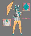 bent_over blue_body blue_fur breasts circles clothing female fur grey_body grey_fur holding_object legwear panties solo stockings umbrella underwear yellow_clothing alicethedeer mavy_(alicethedeer) deer mammal hi_res