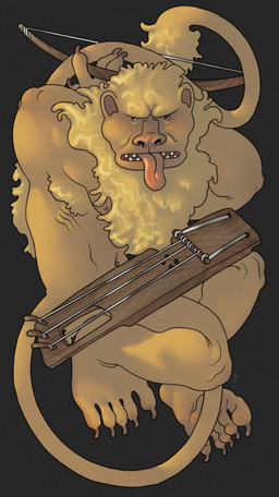 anthro armpit_hair body_hair caricature claws curly_mane feet fur grumpy humanoid_feet long_tail male mane medieval muscular muscular_male musical_instrument pink_tongue plantigrade raised_hand showing_armpit small_eyes solo tail tongue tongue_out yellow_body yellow_fur ravuer felid lion mammal pantherine absurd_res hi_res