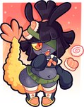 abdominal_bulge antenna_hair antennae_(anatomy) anthro bangs belly big_belly black_hair blush bottomwear chibi clothed clothing dark_body dark_skin eye_patch eyewear fangs female food freckled_face freckled_legs freckled_thighs freckles grey_body grey_skin hair long_sleeves midriff miniskirt navel one_eye_obstructed red_eyes shrimp_(food) skirt solo sushi tail teeth thick_thighs toony yellow_eyes blargen69 yokai_love_you! sui_(blargen69) aquatic_gastropod gastropod marine mollusk sea_slug slug hi_res