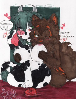 anthro blush bodily_fluids breast_grab breast_milking breast_play breast_suck breastfeeding breasts dialogue duo embarrassed female female/female fluffy fluffy_tail green_eyes green_hair hair hand_on_breast heart_eyes heart_symbol holidays lactating nipple_fetish nipple_play nipple_suck speech_bubble sucking tail text thick_thighs mootsncompany valentine's_day artemis_(pancakesable) mumei_(mootsncompany) bovid bovine cattle gulonine holstein_friesian_cattle mammal marten mustelid musteline sable_(marten) hi_res japanese_text sketch traditional_media_(artwork)