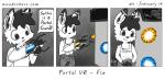 anthro clothing comic english_text gun hi_res humor kemono lagomorph leporid male mammal portal portal_(series) rabbit ranged_weapon solo sound_effects text thinking_with_portals undressing url valve weapon wunderhase