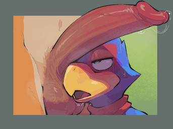 anthro beak biped blue_body blush bodily_fluids duo erection eye_roll fur genital_fluids genitals glans green_eyes half-closed_eyes male multicolored_body musk musky_balls musky_penis narrowed_eyes open_mouth orange_body orange_fur penis penis_on_face precum red_body simple_background standing sweat tongue unsavoryimpcat nintendo star_fox falco_lombardi fox_mccloud avian bird