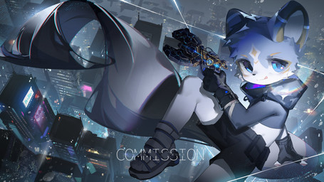 anthro blue_body blue_eyes blue_fur bottomwear city clothing fingerless_gloves flip_flops footwear fur futuristic gloves hand_pawpads handwear high-angle_view holding_object holding_weapon kemono looking_aside male rooftop sandals shoes shorts solo tongue tongue_out weapon young young_anthro young_male emolga_1 mammal 16:9 2024 absurd_res chinese_description hi_res watermark widescreen