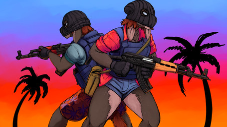 ak-47 ak_platform anthro armor assault_rifle breasts brown_hair cleavage clothed clothing duo female gun hair long_ears male mask ranged_weapon rifle synthwave weapon hladilnik donk_(hladilnik) donk_sis_(hladilnik) asinus donkey equid equine mammal 16:9 colored hi_res widescreen brother_(lore) brother_and_sister_(lore) sibling_(lore) sister_(lore)
