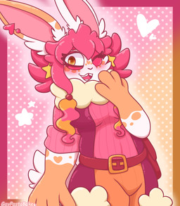 4_fingers accessory anthro bangs beads belt belt_buckle blush bottomwear breasts brown_pupils buckle cheek_tuft clothed clothed_anthro clothed_female clothing ear_tuft eyebrows eyelashes facial_markings facial_tuft female female_anthro fingers fluffy fluffy_tail fully_clothed fully_clothed_anthro fully_clothed_female fur hair hair_accessory hair_beads happy head_markings heart_ear_piercing heart_symbol long_ears markings medium_hair multicolored_body multicolored_fur neck_tuft one_eye_closed open_mouth open_smile orange_bottomwear orange_clothing orange_eyes orange_hair orange_hands orange_markings orange_pants pants pattern_background pink_clothing pink_eyebrows pink_eyelids pink_hair pink_inner_ear pink_shirt pink_tongue pink_topwear pupils purple_clothing purple_topwear purple_vest red_belt red_clothing shirt simple_background sitting sitting_on_ground sky smile solo tail teeth text tongue tooth_gap topwear tuft vest white_body white_fur white_tail gaypastabake mario_plus_rabbids_sparks_of_hope nintendo raving_rabbids rayman_(series) ubisoft fan_character popsicle_(gaypastabake) lagomorph mammal rabbid 2025 absurd_res artist_name colored digital_drawing_(artwork) digital_media_(artwork) english_description half-length_portrait hi_res portrait