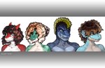 accessory anthro bare_chest blonde_hair breasts brown_hair cleavage clothed clothing draqini ear_fins female fin group hair hair_accessory hair_ribbon highlights_(coloring) horn lamaia male minz mohawk nude ribbons sharp_teeth snout teeth heavyrivet f.m.merill mythology dragon lizard mythological_creature mythological_scalie reptile scalie zil sharon_(disambiguation) bust_portrait portrait