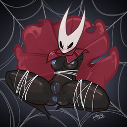 anthro anus areola arthropod_webbing black_eyes blue_anus blue_areola blue_nipples blue_vulva blush bound breasts cloak cloak_only clothing empty_eyes featureless_feet feet female front_view genitals grey_background nipples red_cloak red_clothing simple_background solo spider_web spread_legs spreading thick_thighs vulva web_bondage white_body wide_hips pumulauwu hollow_knight_(franchise) team_cherry hornet_(hollow_knight) arthropod insect 1:1 absurd_res hi_res