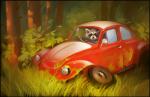 ambiguous_gender black_body black_fur car detailed_background feral forest fur grass grey_body grey_fur inside_car inside_vehicle looking_at_viewer moss plant shrub solo tree vehicle white_body white_fur gaudibuendia volkswagen volkswagen_beetle mammal procyonid raccoon 2016 hi_res