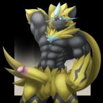 anthro balls blue_eyes erection flexing fur genitals humanoid_genitalia humanoid_penis male muscular muscular_anthro muscular_male penis smile solo standing yellow_body yellow_fur deerrobin nintendo pokemon felid generation_7_pokemon legendary_pokemon mammal pokemon_(species) zeraora 2018 alpha_channel hi_res