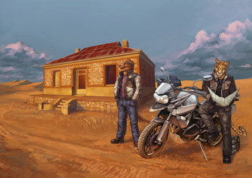 anthro armor australia black_nose boots bottomwear brown_body brown_fur building clothed clothing cloud day duo footwear fully_clothed fur furgonomics gloves hand_in_pocket hands_in_both_pockets handwear headgear helmet holding_object jacket male map motorcycle motorcycle_helmet outside pants pockets reading shirt shoes sky smile standing topwear vehicle deusexmoose atpaw fairbank felid mammal mustelid otter digital_media_(artwork) digital_painting_(artwork) hi_res painting_(artwork)