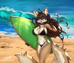 anthro beach big_breasts bikini breasts clothing collar countershading female fur hair looking_at_viewer outside purple_eyes sea seaside smile solo surfboard swimwear two-piece_swimsuit water dragonfu gillian canid canine canis coyote fox hybrid mammal 2023