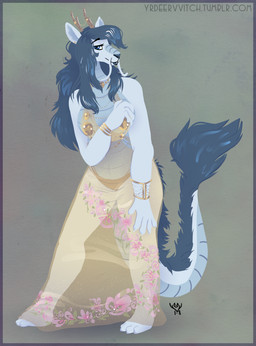 anthro antlers biped blue_eyes blue_hair breasts clothed clothing female hair horn solo standing tail translucent translucent_clothing deervvitch mythology dragon mythological_creature mythological_scalie scalie 2018 character_request