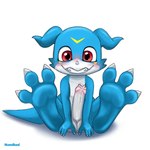 3_toes 4_fingers anthro aroused aroused_male aroused_smile big_feet blue_body blush blush_lines bodily_fluids claws dripping erection feet fingers foot_focus front_view genital_fluids genitals grin grinning_at_viewer humanoid_genitalia humanoid_penis long_tail looking_at_viewer male multicolored_body penis precum precum_drip red_eyes simple_background sitting sitting_on_ground smile smiling_at_viewer solo tail text toe_claws toes two_tone_body white_background white_body anthropornorphic nomibuni bandai_namco digimon digimon_(species) veemon 1:1 artist_name digital_drawing_(artwork) digital_media_(artwork) hi_res shaded