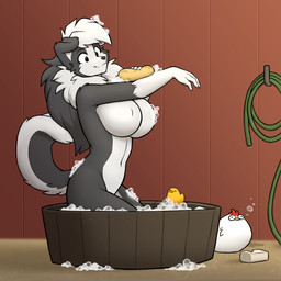 5_fingers anthro bathing big_breasts black_body black_fur black_nose breasts female fingers fur hair humanoid_hands naturally_censored navel navel_line nipple_tuft nude nude_anthro nude_female round_breasts soap solo sponge suds tail tuft white_body white_fur white_hair hexteknik malon_collie avian bird border_collie canid canine canis chicken collie domestic_dog galliform herding_dog mammal pastoral_dog phasianid sheepdog 1:1 hi_res